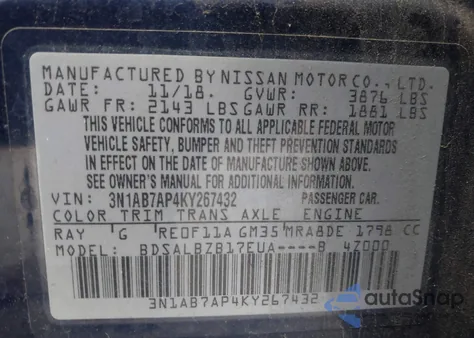 2019 Nissan Sentra S z USA, uszkodzony, nr VIN 3N1AB7AP4KY267432